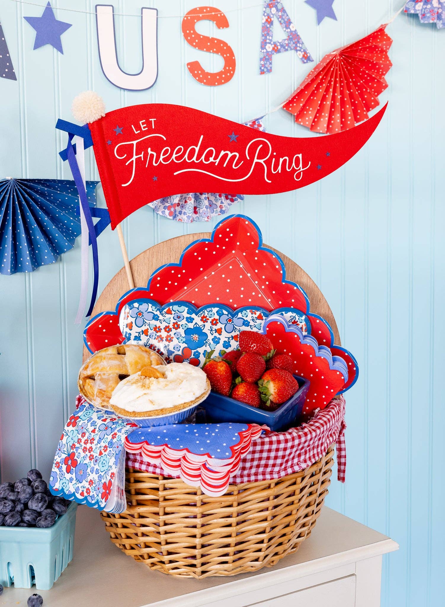 Patriotic 'Let Freedom Ring' napkins, 5” x 5” for cocktails, appetizers, and summer celebrations.