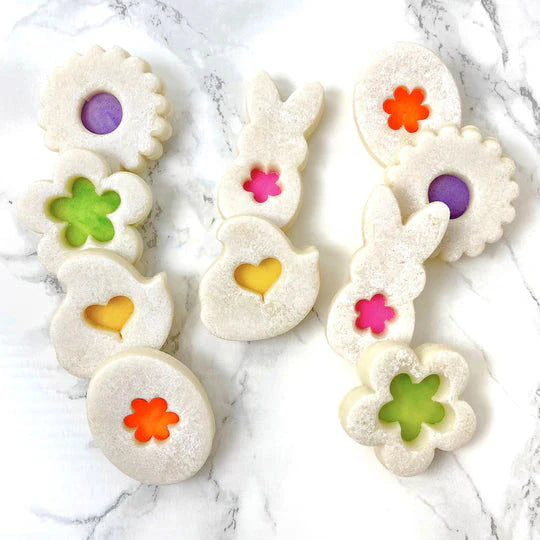 Marzipan Easter linzer cookies decorated with spring colors, perfect for your Easter celebration.