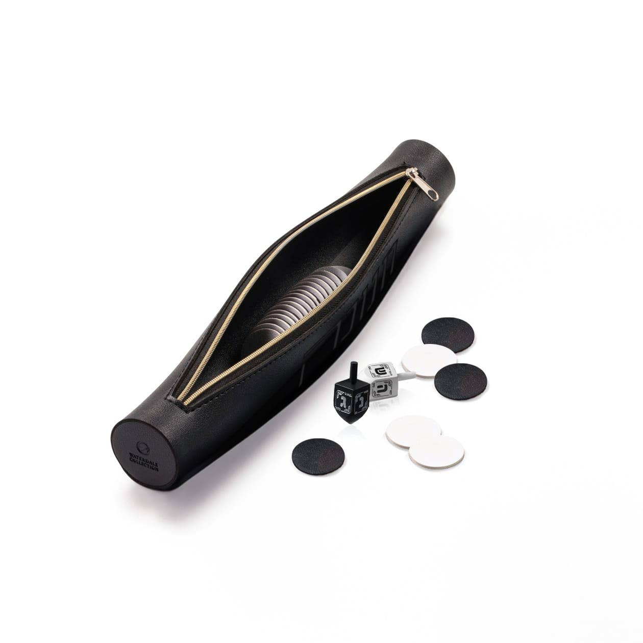 Luxury Leather Dreidel Game with embossed Chanukah details, Lucite coins, and 8 dreidels.