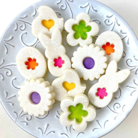 "Easter Wishes" marzipan linzer cookies – 10 assorted cookies with delightful Easter designs.
