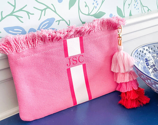 Customizable tassel pouch 8x11, removable tassel, name or monogram, cute clutch for teens