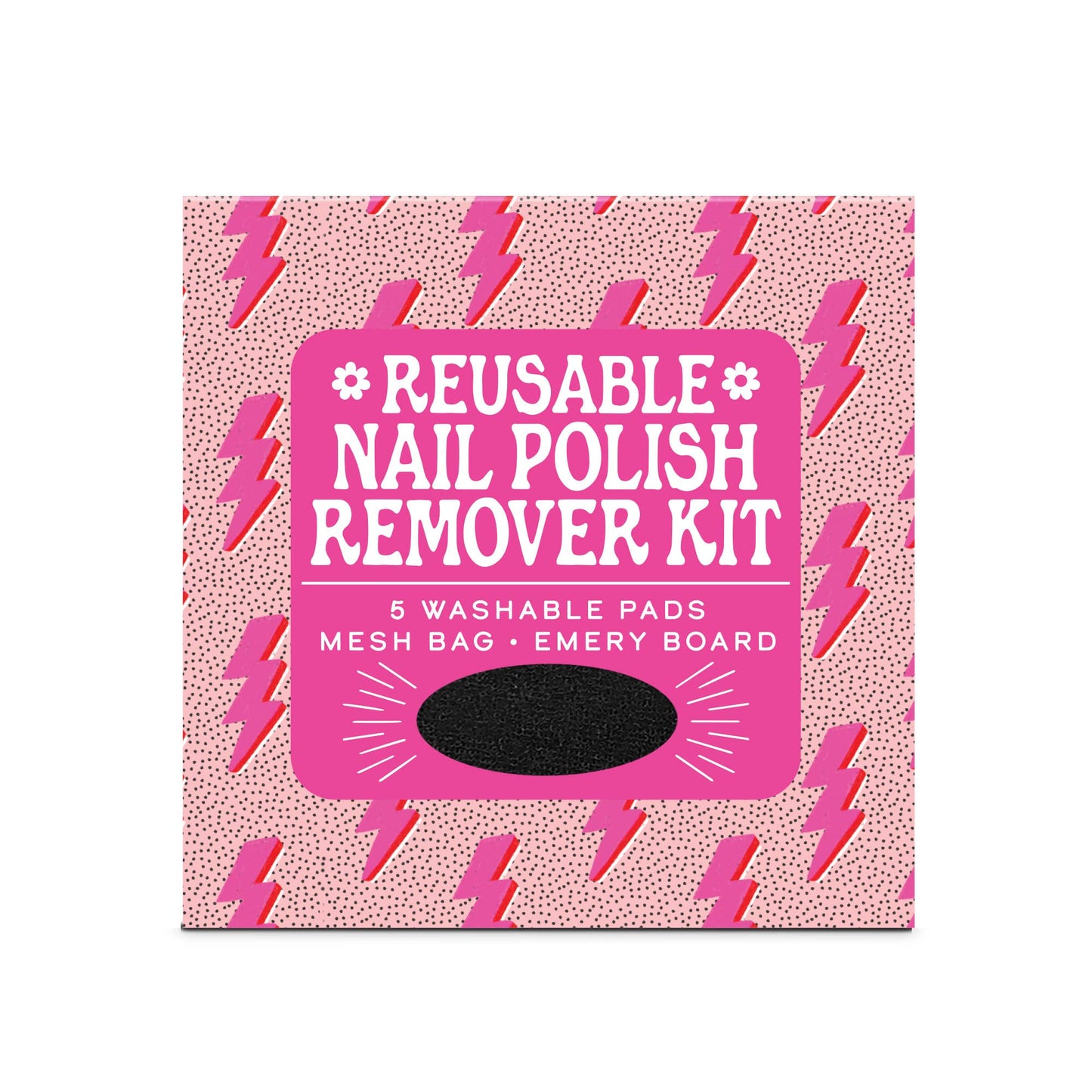 Sustainable nail care kit with washable remover pads, mesh bag, and colorful emery board