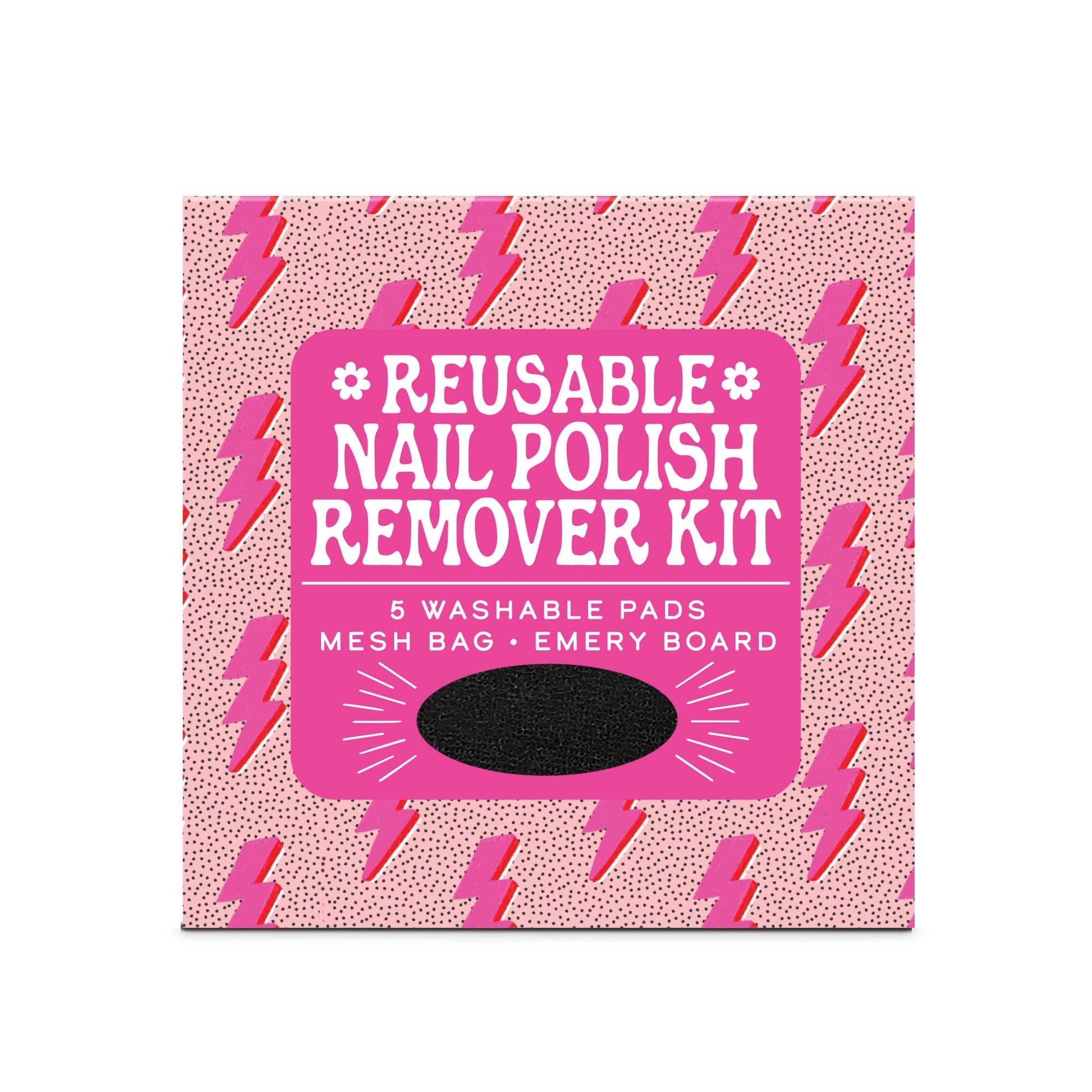 Sustainable nail care kit with washable remover pads, mesh bag, and colorful emery board