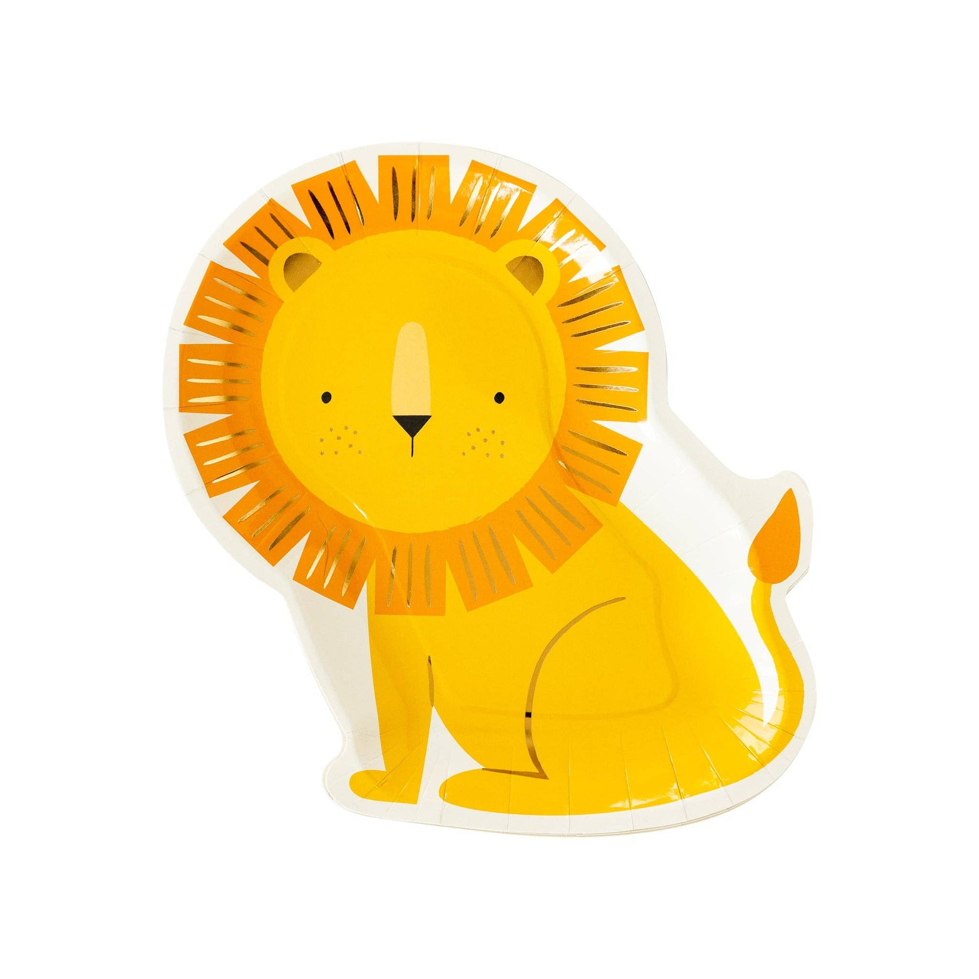 Lion-shaped paper party plates featuring a golden mane with shimmering gold foil accents, perfect for safari or jungle-themed birthday celebrations. Includes 8 plates, approximately 9" wide and 11" tall.