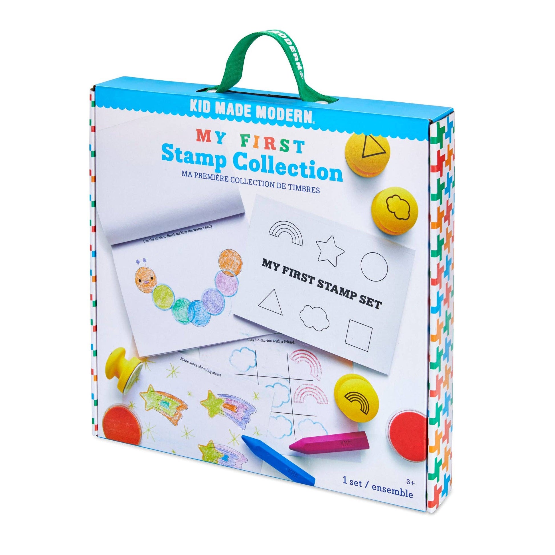 Box of 'My First Stamp Collection' by Kid Made Modern with stamps and a stamp pad on a white background.