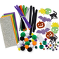 Halloween Mini Maker Kit for kids, featuring a resealable iridescent pouch filled with fuzzy sticks, pom poms, googly eyes, craft supplies, and foam stickers for creative Halloween crafting fun. Perfect for ages 6 and up.