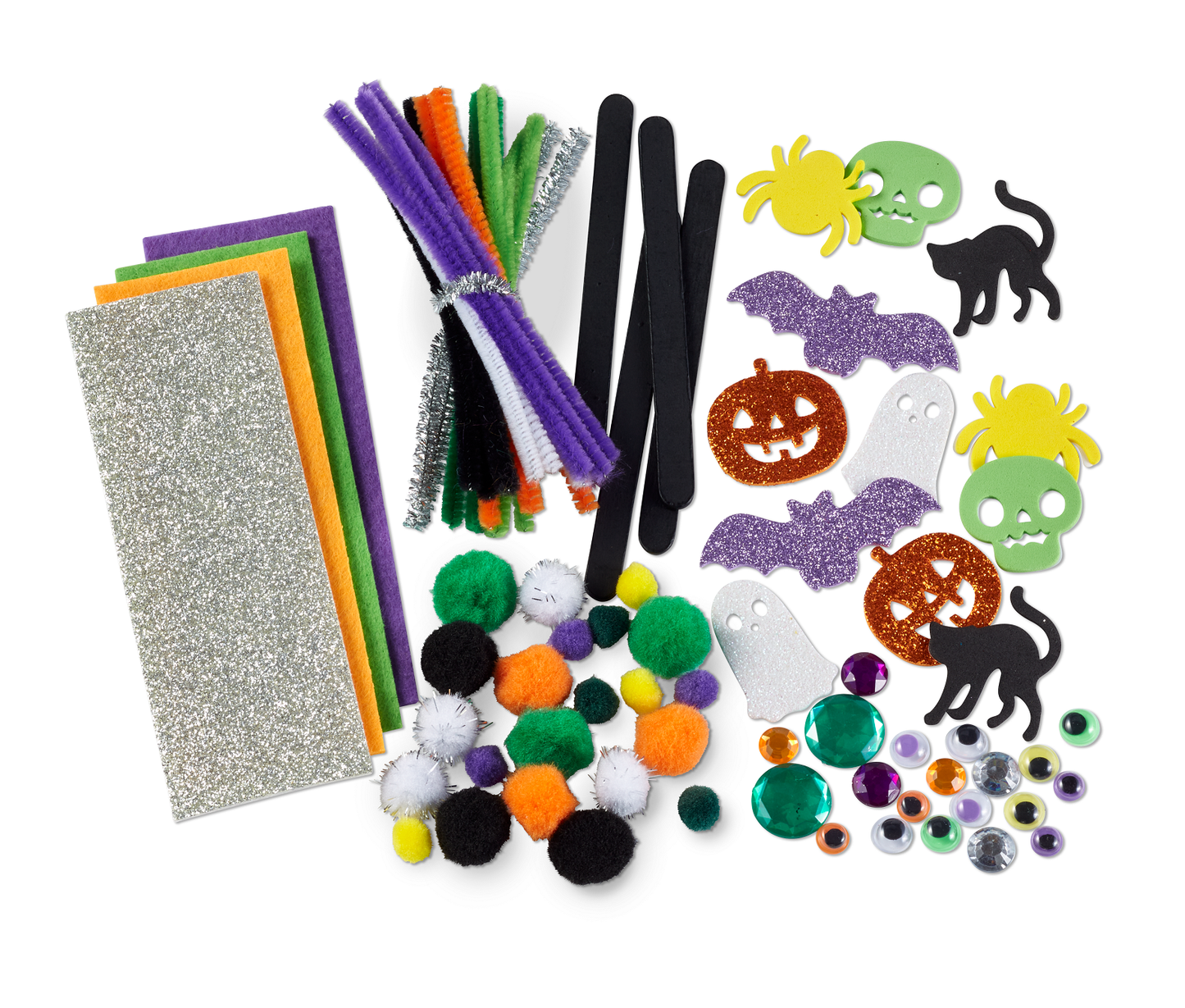 Halloween Mini Maker Kit for kids, featuring a resealable iridescent pouch filled with fuzzy sticks, pom poms, googly eyes, craft supplies, and foam stickers for creative Halloween crafting fun. Perfect for ages 6 and up.