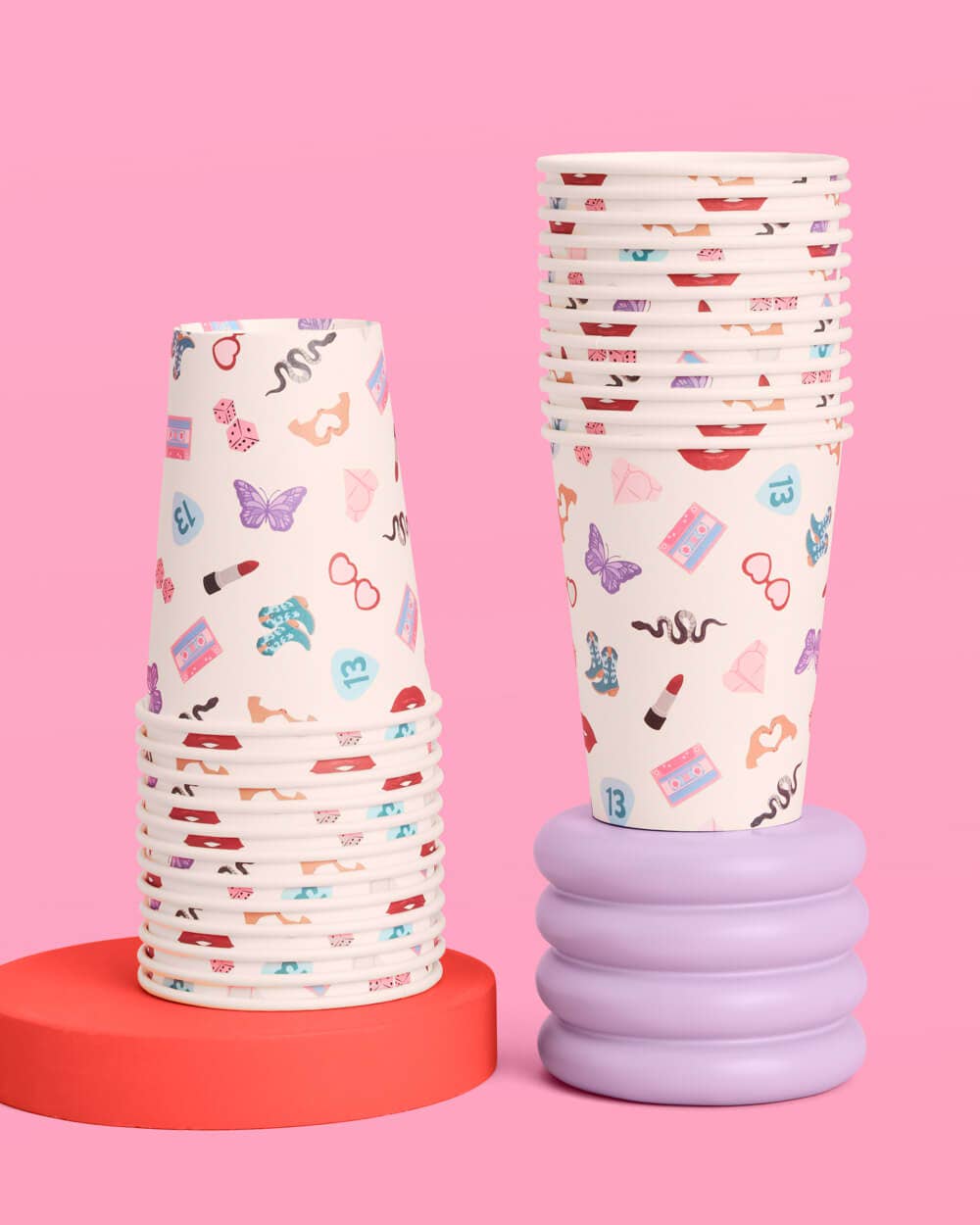 Taylor-themed party cups with colorful Era icons