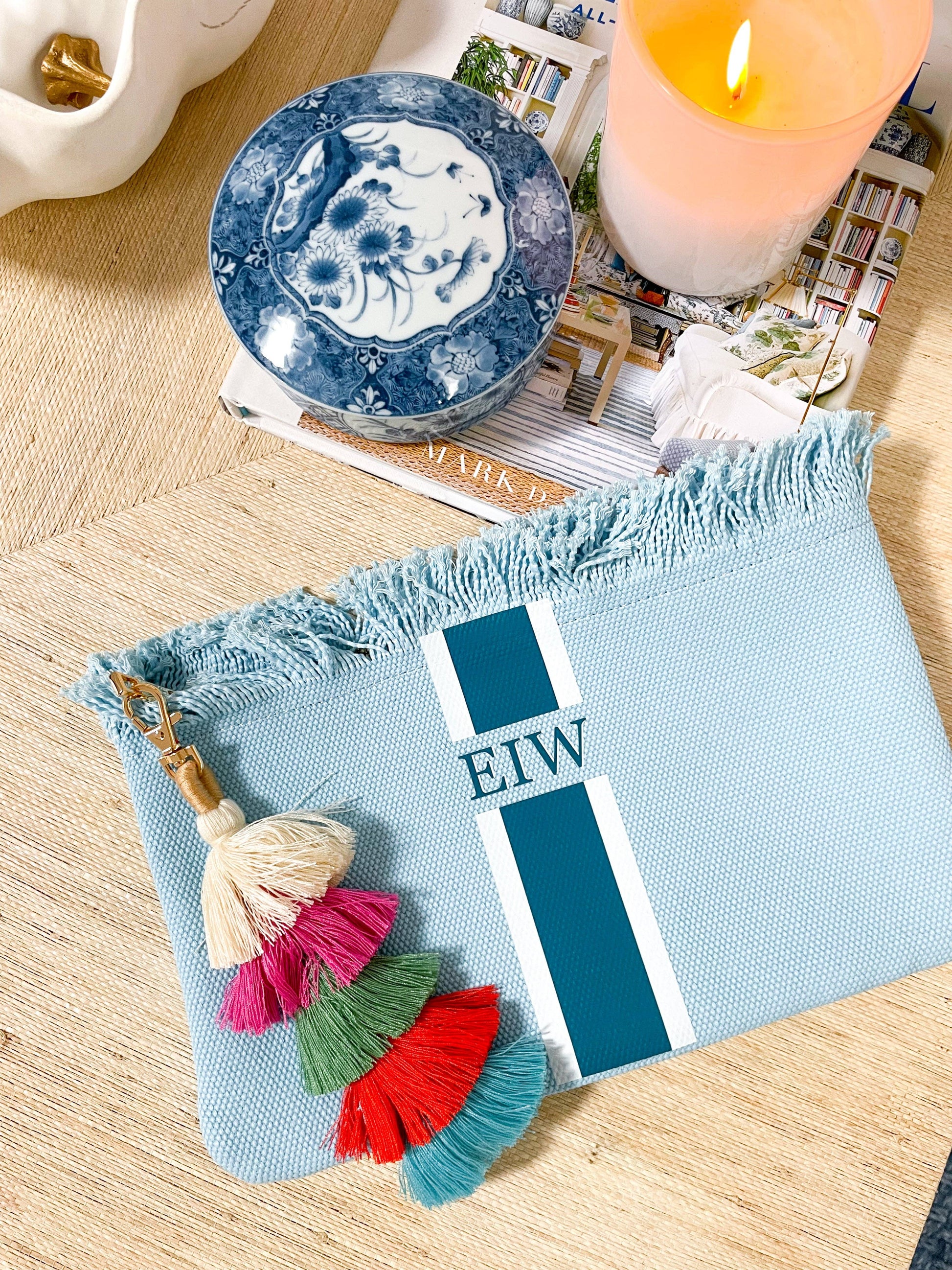 Custom name pouch 8"x11", colorful removable tassel, travel organizer, clutch purse for girls