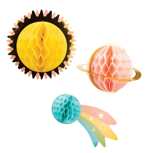 Space party hanging planets, tissue honeycomb set in 16”, 13.5”, and 11” sizes with foil accents.