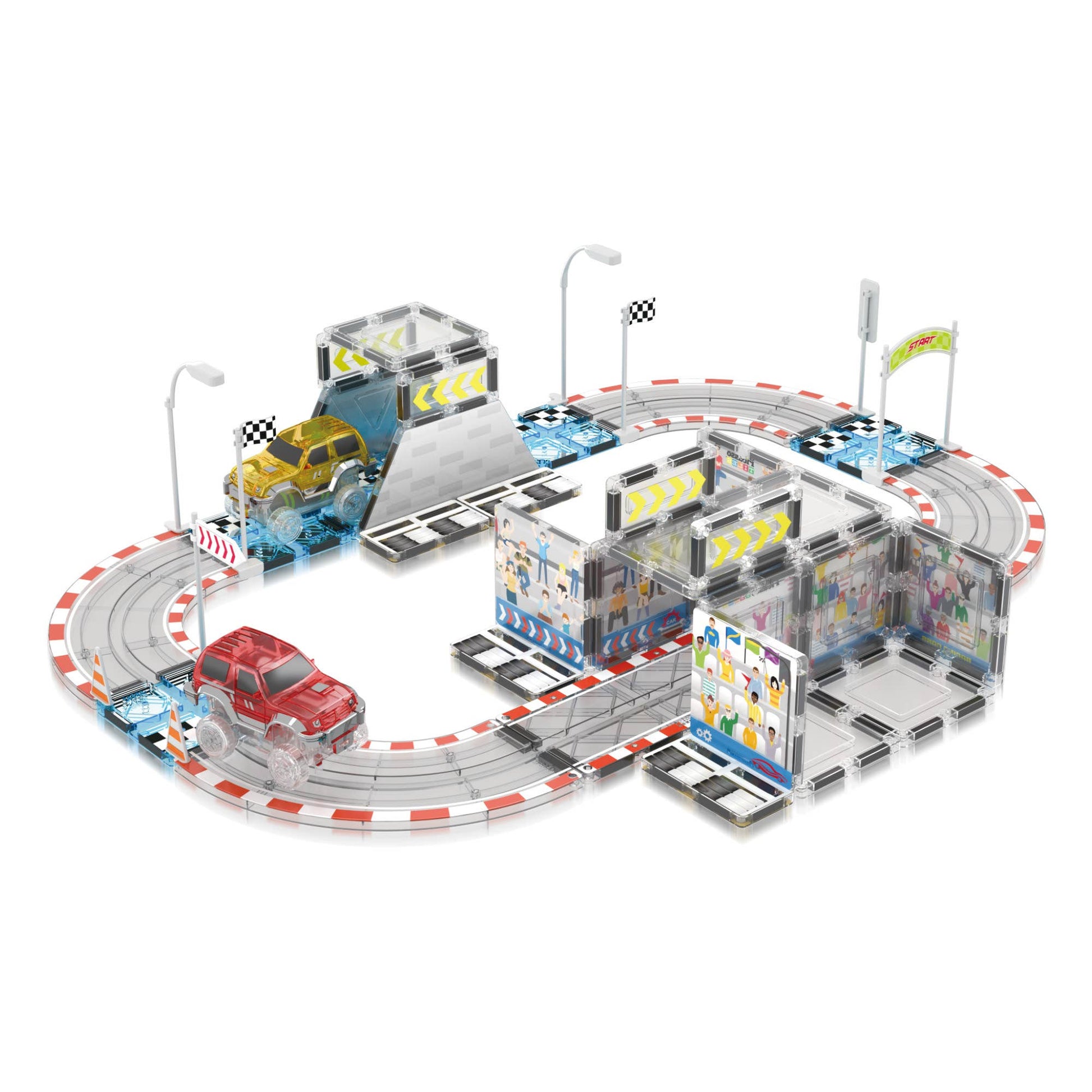 Kids snap-together magnetic racing track with vehicles