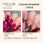 Custom branded nail polish set with 2 full-size bottles, personalized label, vegan formula, and cruelty-free polish with customer logo.