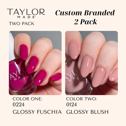 Custom branded nail polish set with 2 full-size bottles, personalized label, vegan formula, and cruelty-free polish with customer logo.