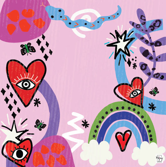 Lucky Charms Mahjong mat with pink background and evil eye hearts