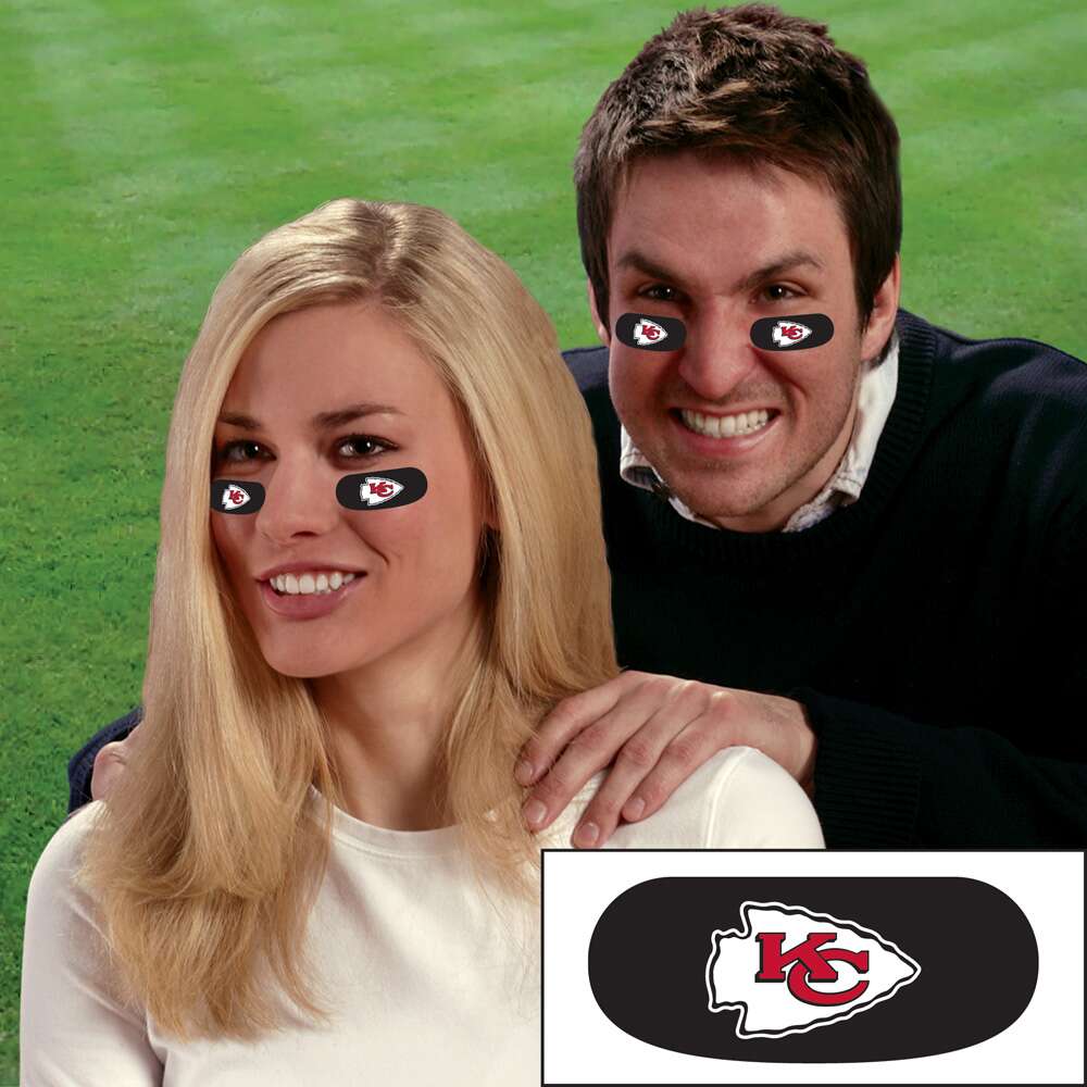 Removable NFL face decorations with vinyl eye black strips featuring team logos, perfect for game day, tailgates, and parties. Officially licensed