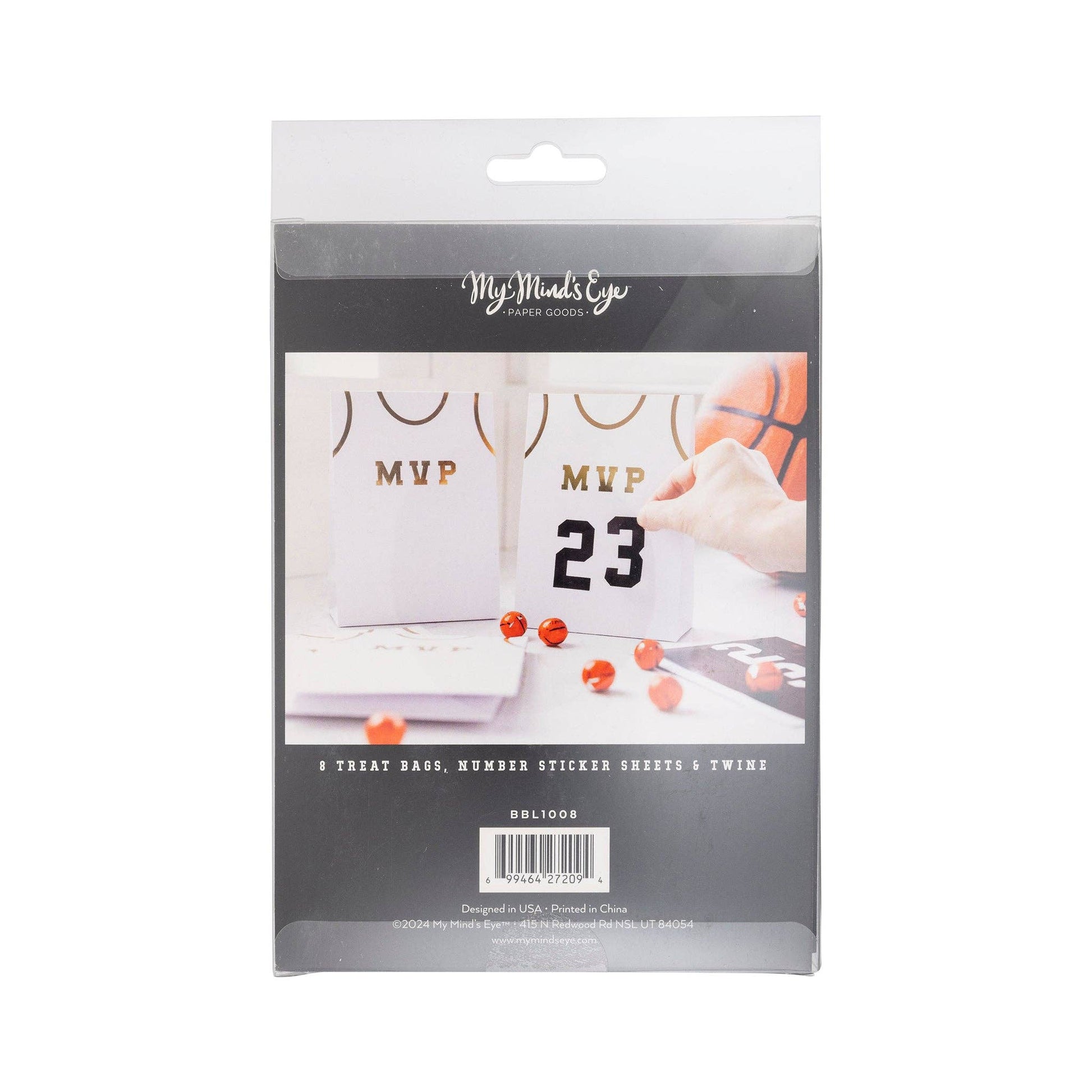 Basketball treat bags set, including 8 jersey-style bags measuring 5" x 8" x 2.5". Features gold number stickers and twine for a fun party accessory. Perfect for kids' basketball-themed parties, ensuring a slam dunk with kids and parents alike.