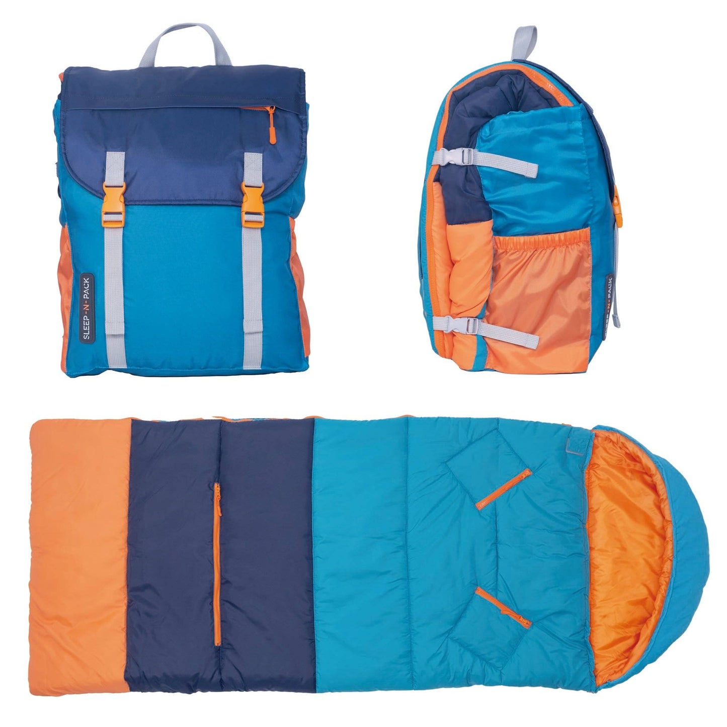 "Pack & Snooze" 🎒 Mimish Sleep-N-Pack Sleeping Bag — Enamel Blue, Persimmon & Navy (Big Kid)