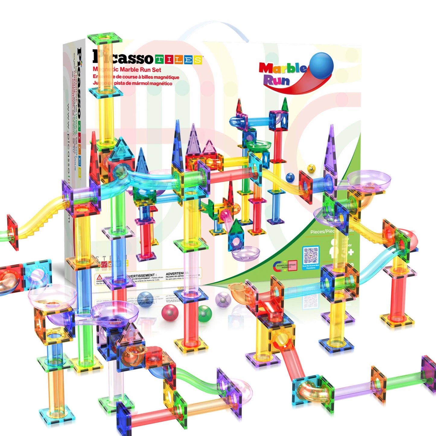 STEM learning toy with 3D marble track pieces