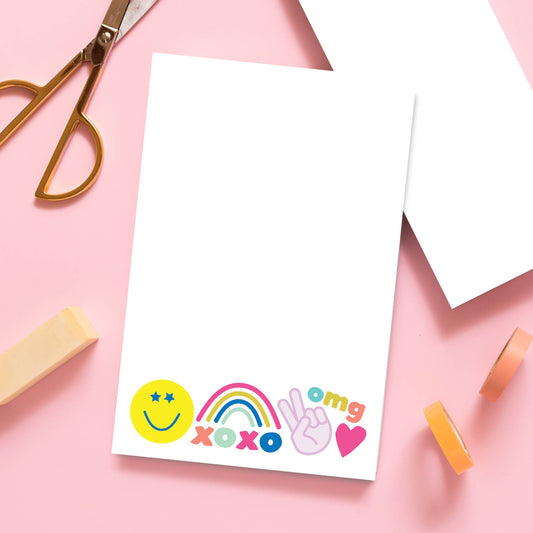Peace love happy notepad 5.5x8.5", 50 sheets, bright desk accessory, cello bag wrapped
