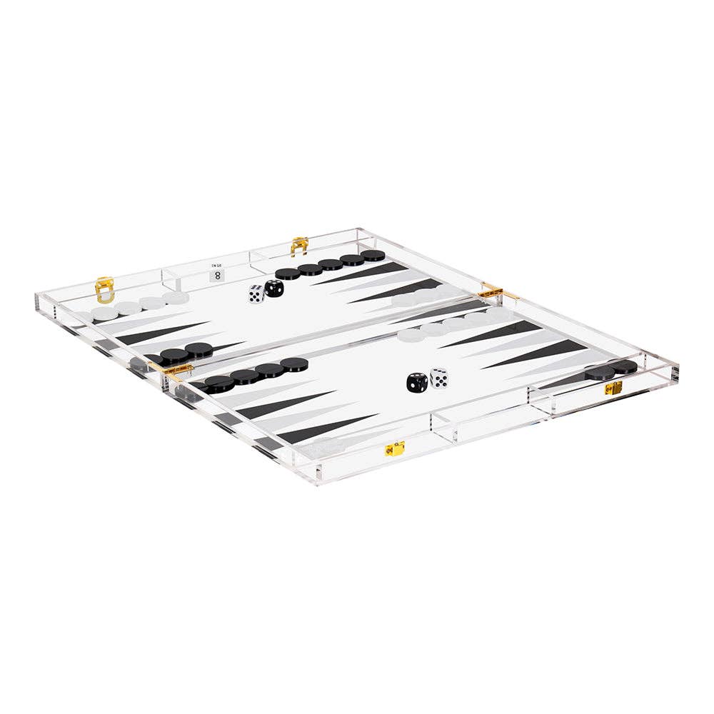 Lucite backgammon set with dice and playing pieces
