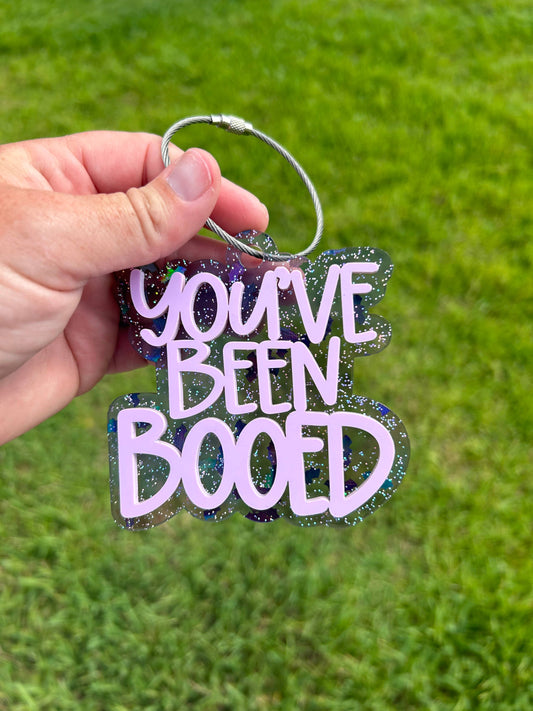 Custom "You've Been Booed" tag for Halloween, reusable acrylic tag with metal connector, perfect for boo baskets or buckets, customizable with names.