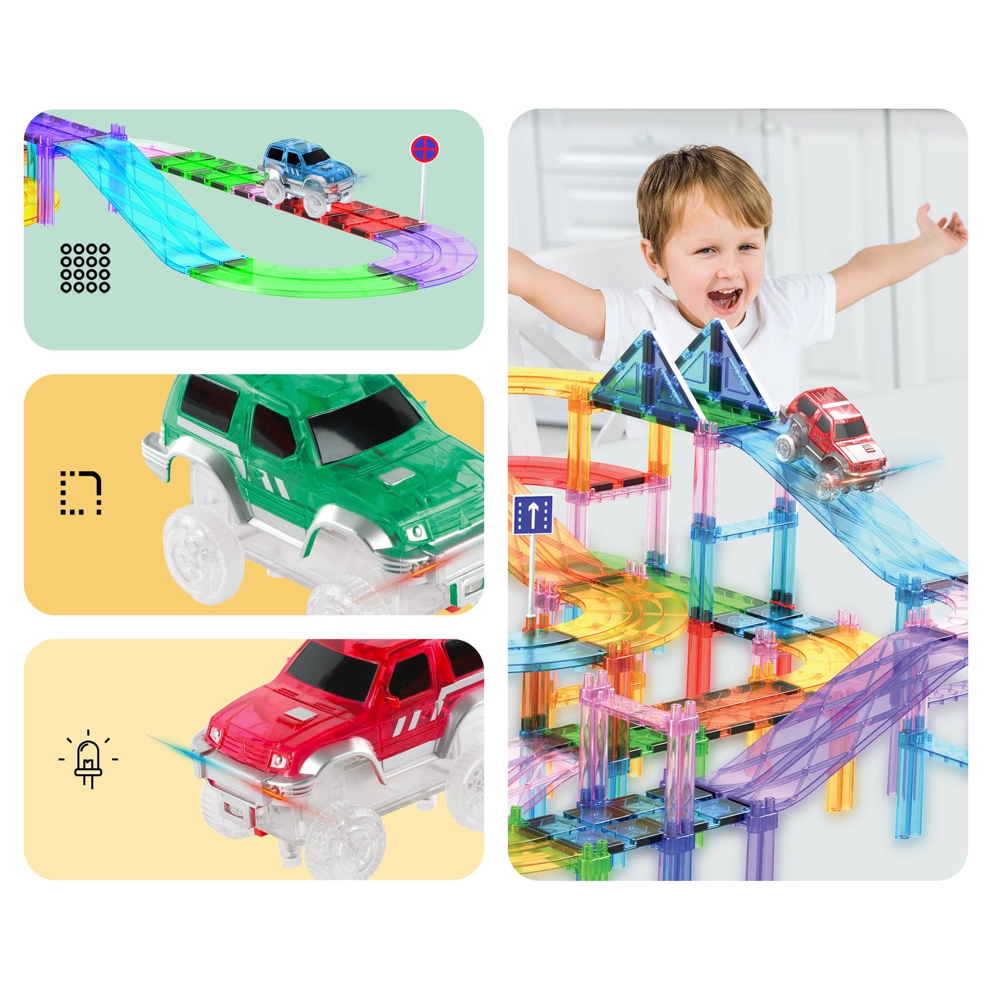 Kids track racing cars with flashing lights