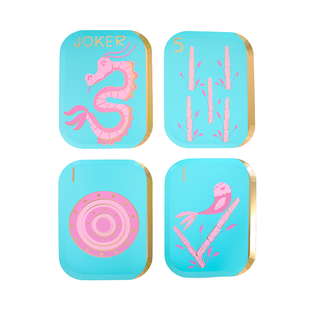 Mahjong tile dinner plates by Jollity & Co in bold colorful designs