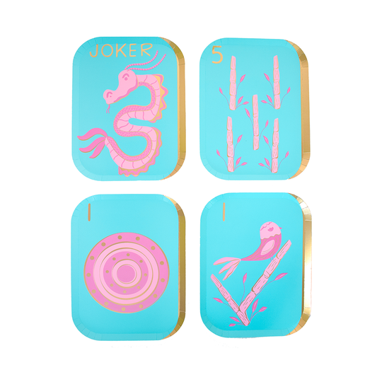Mahjong tile dinner plates by Jollity & Co in bold colorful designs