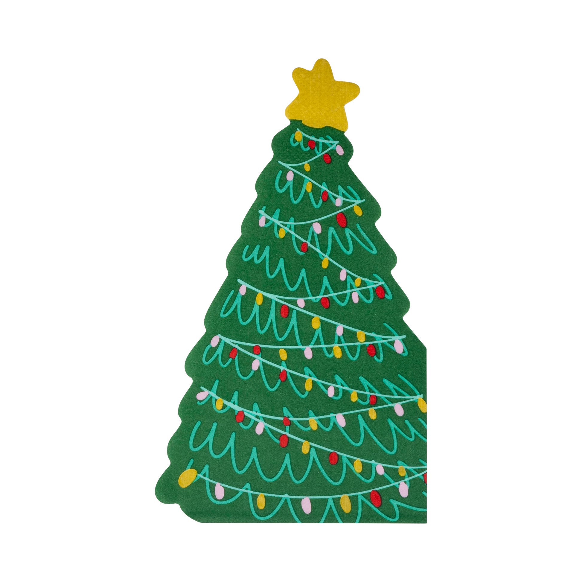 Whimsical tree-shaped Christmas dinner napkins with gold foil accents, perfect for festive holiday parties and table settings.