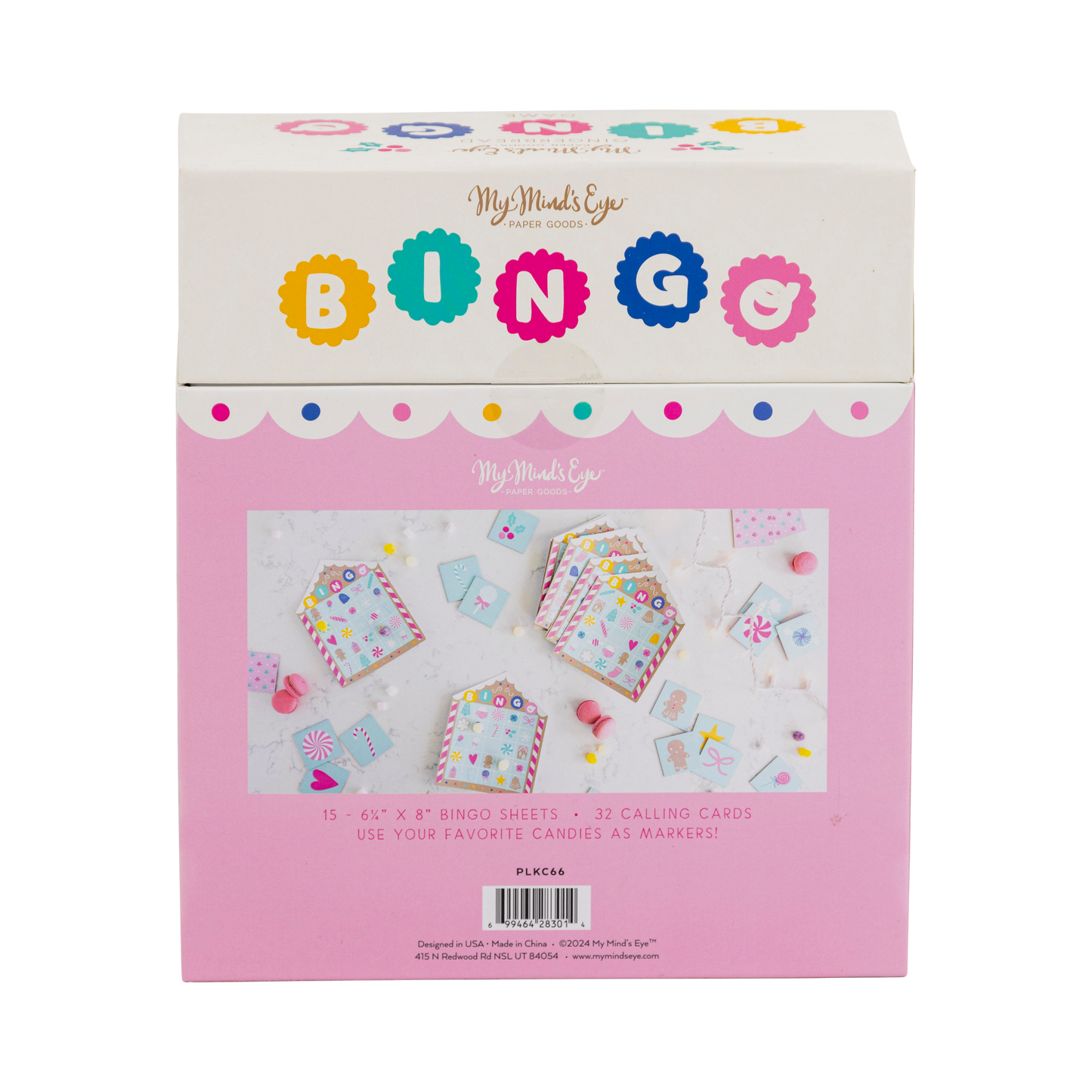 Festive Gingerbread Bingo Game for kids, featuring 15 unique 7x8 bingo sheets, 32 calling chipboard cards, and storage board. Perfect Christmas party activity, holiday fun, and seasonal entertainment for families. Great for kids' holiday celebrations!