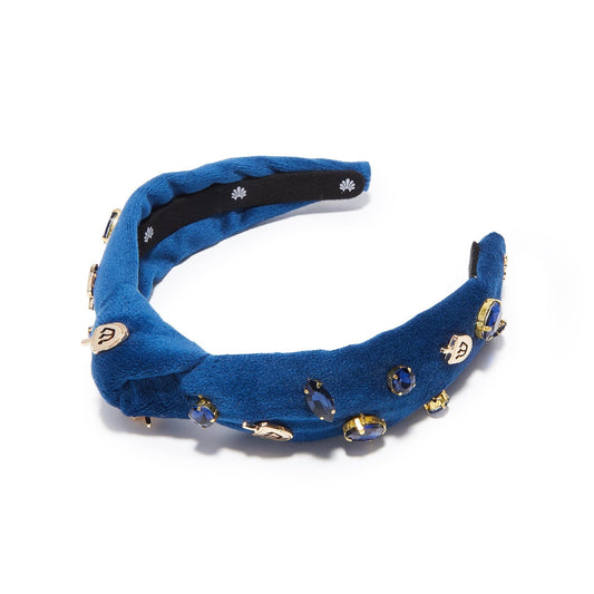 Indigo velvet kids' headband with 14k gold-plated dreidel charms and crystals, supporting Israel.