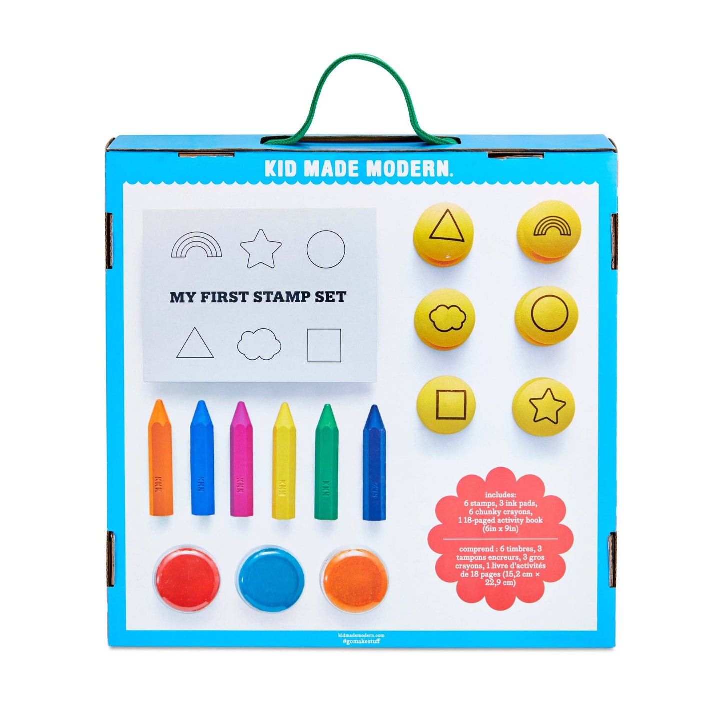 Close-up of washable ink pads and stamps for kids