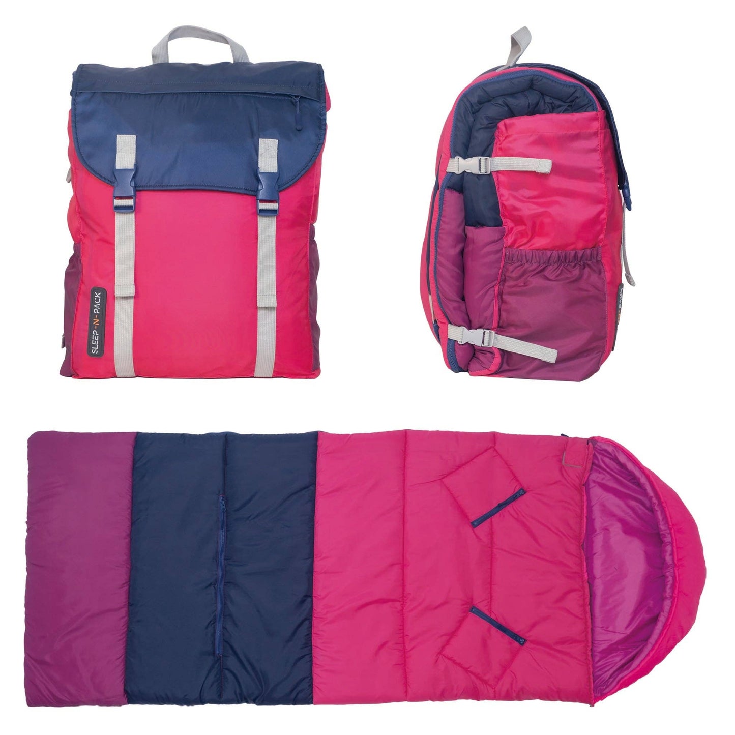 "Pack & Snooze" 🎒 Mimish Sleep-N-Pack Sleeping Bag — Raspberry Sorbet, Navy & Winterberry (Big Kid)
