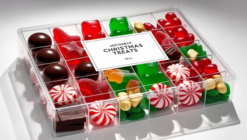 Clear box overflowing with colorful candies, offering a delightful assortment of sweets for candy lovers!
