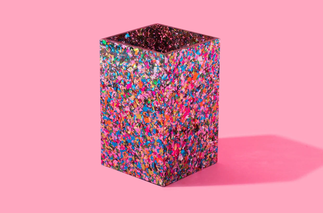 Colorful confetti acrylic pen cup set of 4, perfect for office desks, teachers, and home organization.