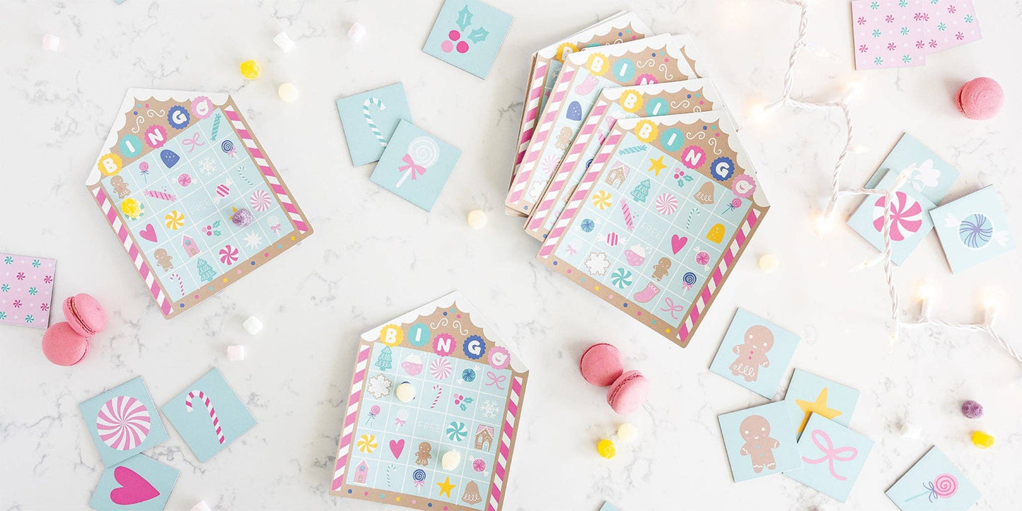 Festive Gingerbread Bingo Game for kids, featuring 15 unique 7x8 bingo sheets, 32 calling chipboard cards, and storage board. Perfect Christmas party activity, holiday fun, and seasonal entertainment for families. Great for kids' holiday celebrations!