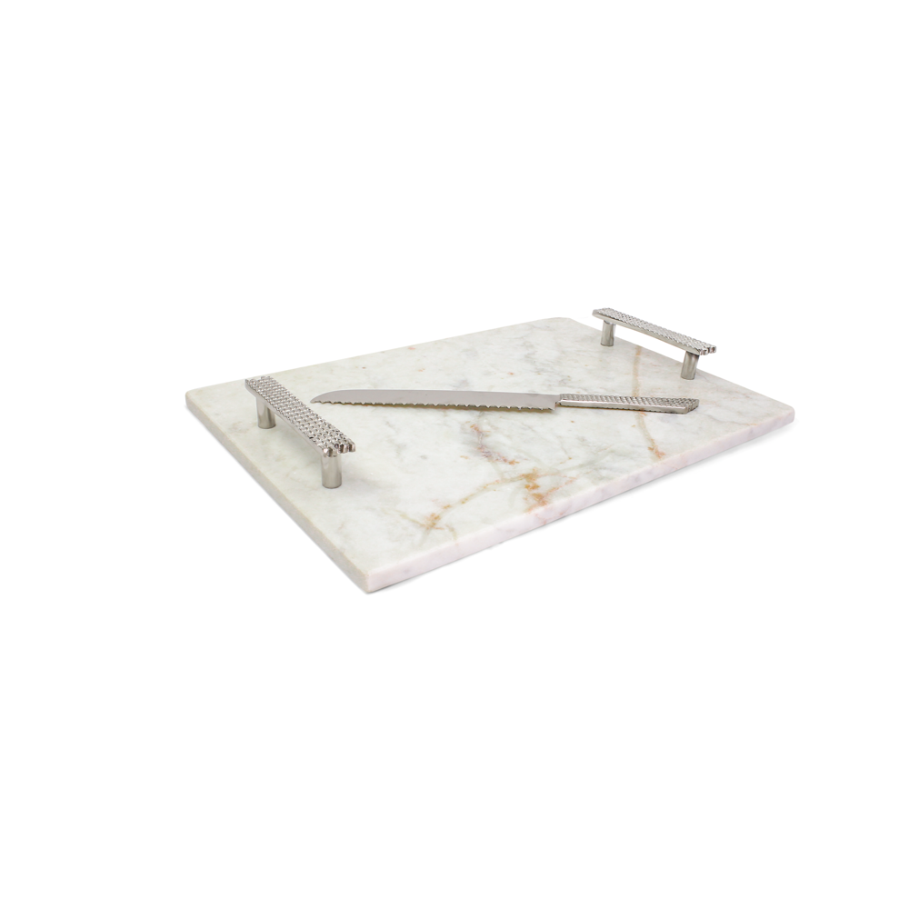 Marble Challah Board Beaded Handles and Knife: Gold