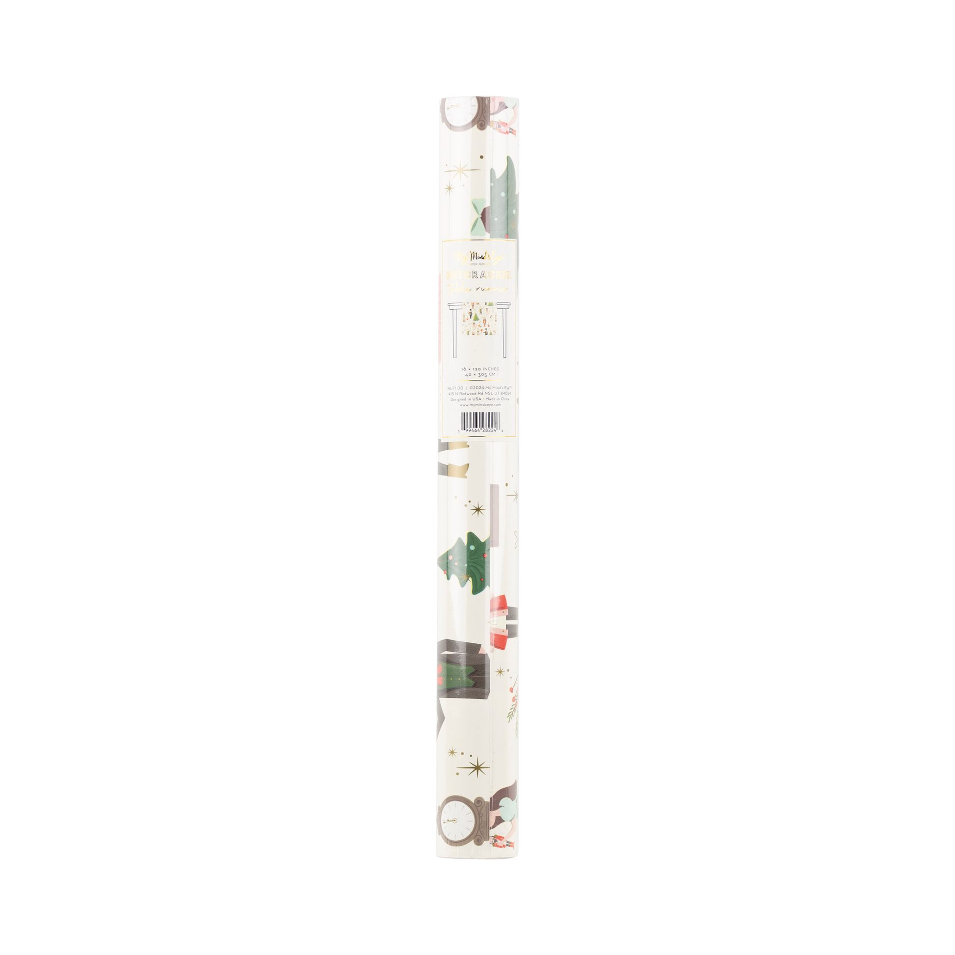 Nutcracker table runner measuring 16 x 120 inches, featuring gold metallic ink, perfect for adding whimsy and charm to holiday gatherings and family celebrations.