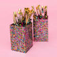 "Desk Party" confetti pen cup, a vibrant acrylic desk organizer for office, school, or home use.