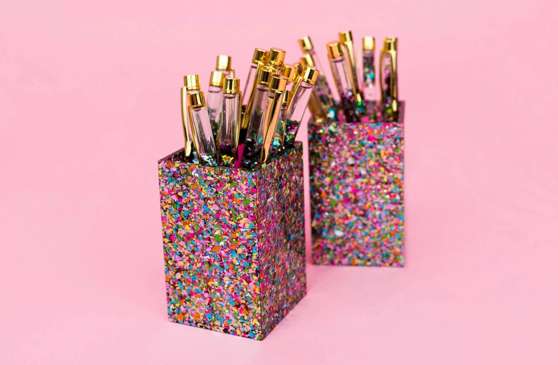 "Desk Party" confetti pen cup, a vibrant acrylic desk organizer for office, school, or home use.