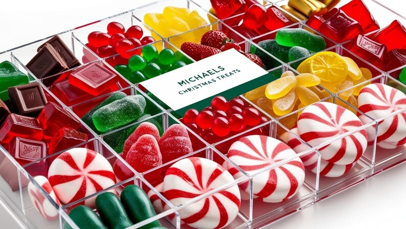 Clear box overflowing with colorful candies, offering a delightful assortment of sweets for candy lovers!