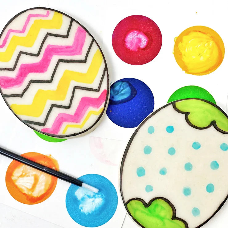 Paint-Your-Own Easter eggs set – 5 marzipan eggs with palettes, brushes, and edible colors.