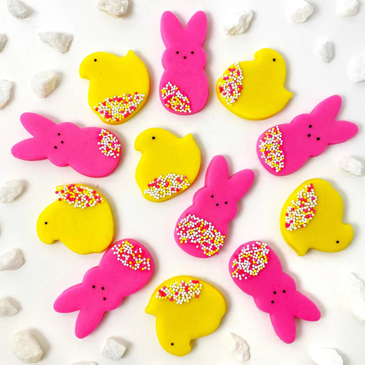 Marzipan chick and bunny treats with festive sprinkles, perfect for Easter baskets and gifts.