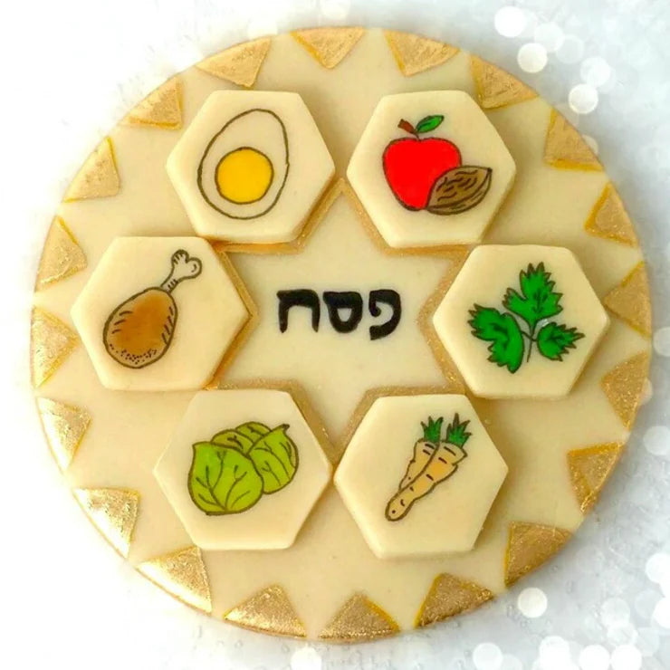 Sweet Seder marzipan candy plate – a delicious 7-piece Passover gift set with hand-painted details.