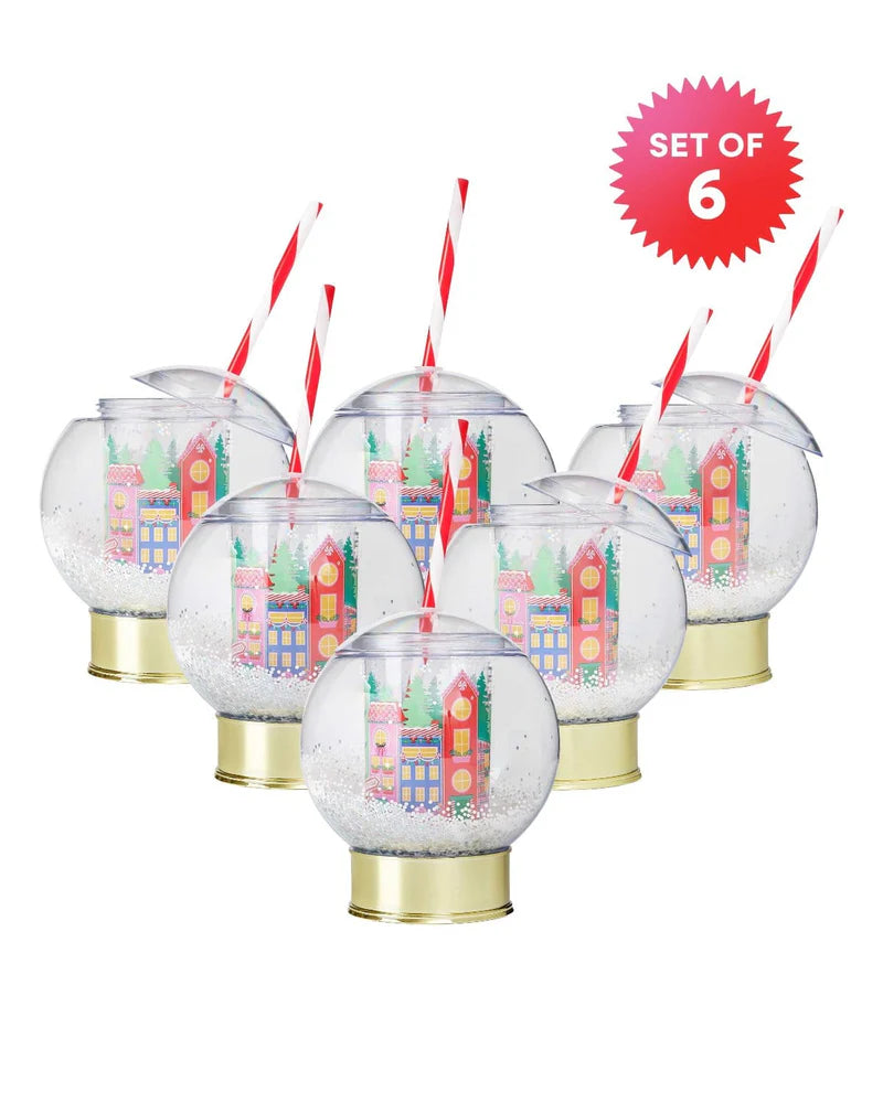 Shake up your holiday drinks with this 12 oz snow globe-shaped cup, featuring a holiday village and shakeable confetti. Perfect for festive parties or as a unique gift. BPA-free and hand wash only. Dimensions: 10.5" x 5" x 5" (including straw).