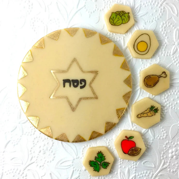 Marzipan Seder plate gift – handcrafted Passover dessert featuring 7 edible, beautifully painted pieces.