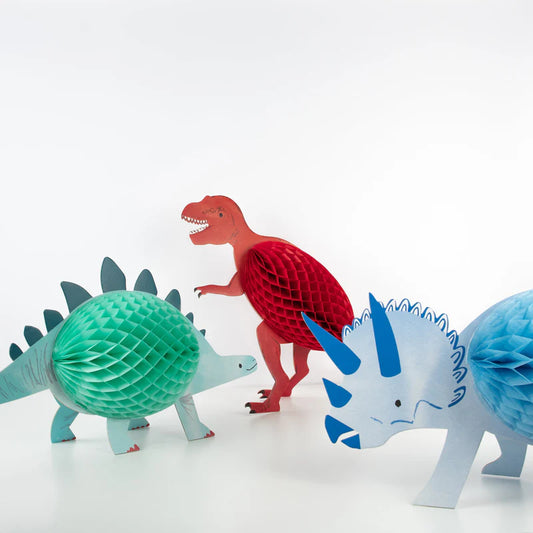 3D dinosaur honeycomb decorations, set of 3 in red, blue, mint tissue paper, 12.75"x19.375