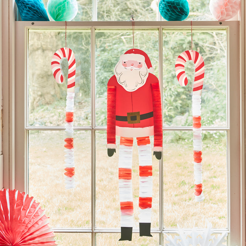 Festive large paper decorations: 2 candy canes, 1 Santa, 1 reindeer with honeycomb details and gold foil accents – perfect for Christmas.