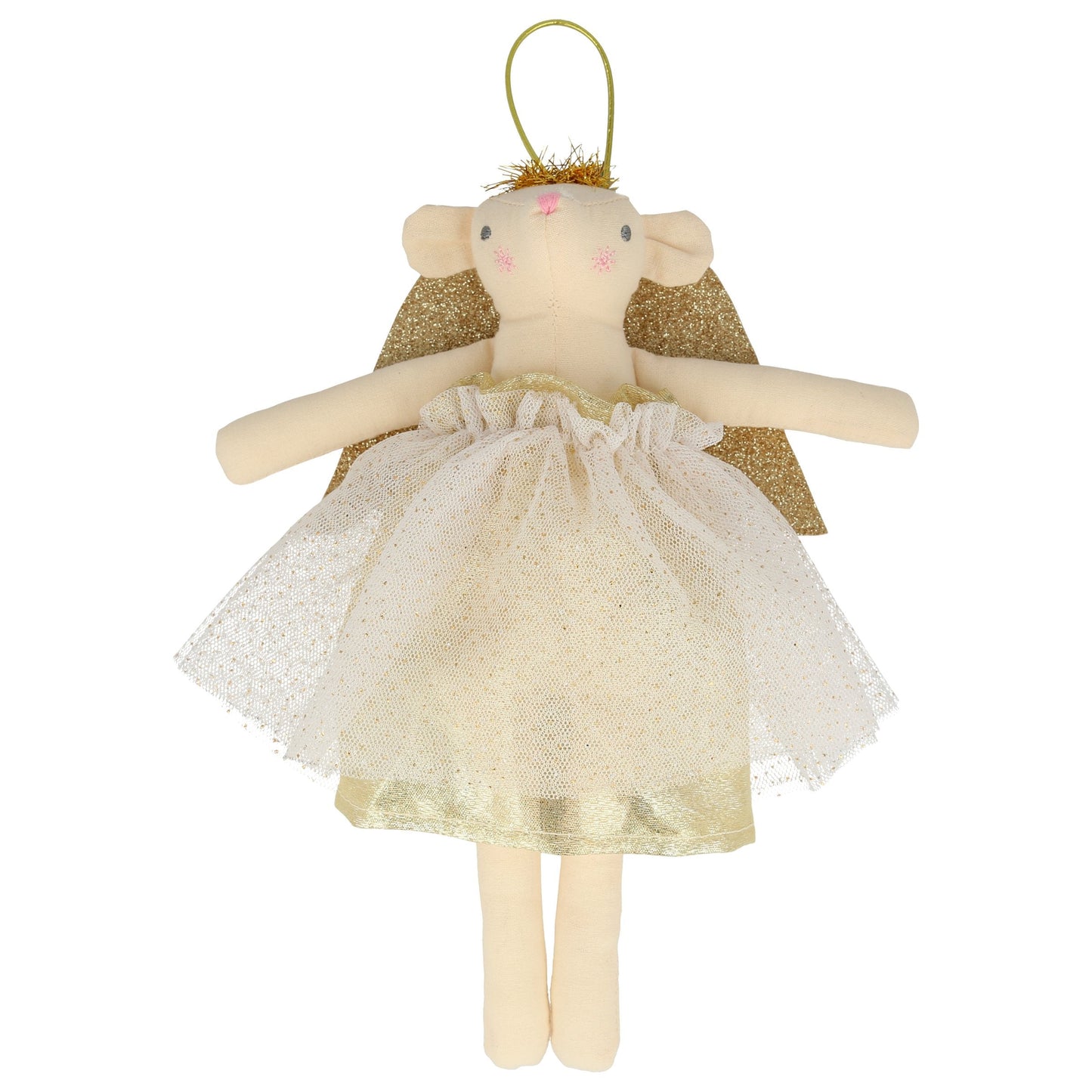 Charming angel mouse tree topper with a taffeta gold dress, glitter wings, and a shimmering halo for a festive holiday touch.