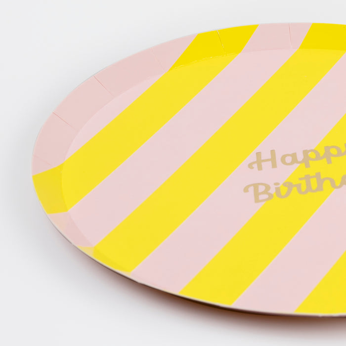 Bold striped birthday plates with gold foil 'Happy Birthday' text, pack of 8, 4 color combos.
